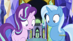 Size: 400x225 | Tagged: safe, screencap, starlight glimmer, trixie, pony, unicorn, all bottled up, g4, animated, discovery family logo, faint, female, gif, twilight's castle