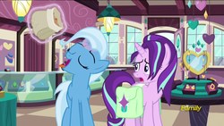 Size: 1920x1080 | Tagged: safe, screencap, starlight glimmer, trixie, pony, unicorn, all bottled up, g4, cinnamon nuts, cookie, duo, eyes closed, female, food, jewelry, jewelry store, magic, magic aura, mare, necklace, ring, saddle bag, store, telekinesis, tired, tongue out