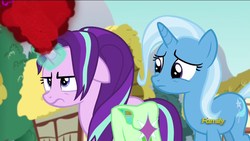 Size: 1920x1080 | Tagged: safe, screencap, starlight glimmer, trixie, pony, all bottled up, g4, anger magic, magic, saddle bag, tired