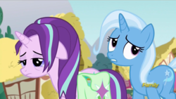 Size: 912x514 | Tagged: safe, screencap, starlight glimmer, trixie, pony, all bottled up, g4, discovery family logo, saddle bag, tired