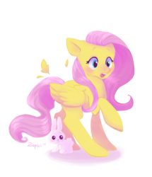 Size: 859x1001 | Tagged: safe, artist:zapsi, angel bunny, fluttershy, pegasus, pony, rabbit, g4, duo, looking at something, looking down, open mouth, raised hoof, simple background, surprised, transparent background