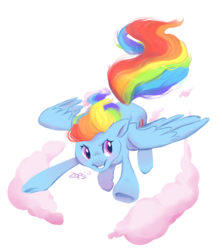 Size: 862x971 | Tagged: safe, artist:zapsi, rainbow dash, pegasus, pony, g4, cloud, female, flying, looking away, looking sideways, simple background, smiling, solo, spread wings, transparent background, wings