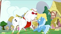 Size: 1920x1080 | Tagged: safe, screencap, bulk biceps, trixie, pegasus, pony, unicorn, all bottled up, g4, anger magic, angry, apron, clothes, duo, ear piercing, earring, female, hat, jewelry, magic, male, mare, piercing, red eyes, scared, stallion, vein