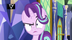 Size: 912x514 | Tagged: safe, screencap, starlight glimmer, pony, all bottled up, g4, annoyed, discovery family logo, female, mare, reaction image, solo, starlight glimmer is not amused, tv-y, twilight's castle, unamused