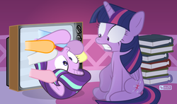 Size: 1020x600 | Tagged: safe, artist:dm29, starlight glimmer, twilight sparkle, alicorn, pony, g4, book, hooves, television, the ring, twilight sparkle (alicorn)