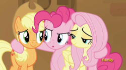 Size: 912x510 | Tagged: safe, screencap, applejack, fluttershy, pinkie pie, pony, all bottled up, g4, discovery family logo