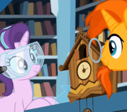 Size: 559x495 | Tagged: safe, screencap, princess flurry heart, starlight glimmer, sunburst, alicorn, pony, unicorn, celestial advice, g4, adorawat, animated, clock, cuckoo clock, cute, facial hair, female, flurrybetes, foal, gif, goatee, goggles, leaning, looking at something, loop, male, mare, open mouth, safety goggles, smiling, spread wings, stallion, wat, wings