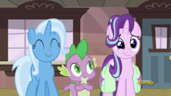 Size: 912x510 | Tagged: safe, screencap, spike, starlight glimmer, trixie, dragon, pony, unicorn, all bottled up, g4, cute, diatrixes, discovery family logo, female, glimmerbetes, happy, mare, saddle bag, smiling, the amazing trio of friendship