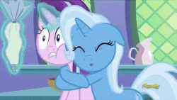 Size: 400x225 | Tagged: safe, screencap, starlight glimmer, trixie, pony, unicorn, all bottled up, animated, cute, diatrixes, discovery family logo, female, floppy ears, gif, hape, hug, icing bag, nuzzling, squeezing, squishy cheeks
