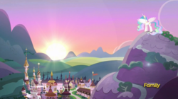 Size: 910x510 | Tagged: safe, screencap, princess celestia, alicorn, pony, celestial advice, g4, canterlot, discovery family logo