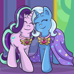 Size: 1024x1024 | Tagged: safe, artist:yoshimarsart, starlight glimmer, trixie, pony, celestial advice, g4, equestrian pink heart of courage, eyes closed, female, lesbian, ship:startrix, shipping, that was fast, twilight's castle, watermark