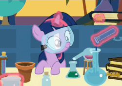 Size: 431x306 | Tagged: safe, screencap, twilight sparkle, pony, unicorn, celestial advice, g4, season 7, animated, chemistry, cute, female, filly, filly twilight sparkle, flask, gif, goggles, princess celestia's school for gifted unicorns, safety goggles, this will end in science, twiabetes