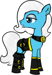 Size: 264x378 | Tagged: safe, artist:ficficponyfic, color edit, edit, editor:minus, oc, oc only, oc:sunshine sea, earth pony, pony, colt quest, adult, clothes, collar, colored, ear piercing, eyeshadow, female, gold, jewelry, leather, makeup, mare, pendant, piercing, simple background, solo, transparent background