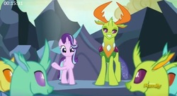 Size: 646x352 | Tagged: safe, screencap, clypeus, cornicle, lokiax, soupling, starlight glimmer, thorax, changedling, changeling, pony, celestial advice, g4, bedroom eyes, king thorax, out of context