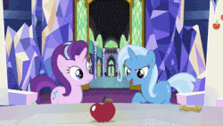 Size: 400x225 | Tagged: safe, edit, screencap, starlight glimmer, trixie, pony, unicorn, all bottled up, g4, the cutie re-mark, twilight's kingdom, alternate timeline, animated, apple, ashlands timeline, bad end, barren, discovery family logo, female, food, gif, implied genocide, mare, post-apocalyptic, twilight's castle, wasteland