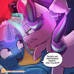 Size: 750x750 | Tagged: safe, artist:lumineko, starlight glimmer, trixie, pony, unicorn, all bottled up, g4, season 7, anger magic, angry, bad idea, cup, dialogue, duo, female, glowing horn, horn, magic, mare, mini twilight, patreon, patreon logo, speech bubble, teacup, that pony sure does love teacups, that was fast