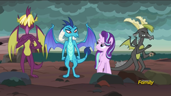 Size: 1920x1080 | Tagged: safe, screencap, baff, princess ember, spear (g4), starlight glimmer, dragon, pony, unicorn, celestial advice, g4, bedroom eyes, discovery family logo, eye contact, female, looking at each other, male