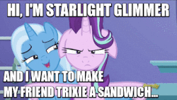 Size: 400x225 | Tagged: safe, edit, edited screencap, screencap, starlight glimmer, trixie, pony, unicorn, all bottled up, g4, season 7, animated, caption, cute, diatrixes, female, floppy ears, food, gif, grumpy, image macro, mare, meme, sandwich, silly, silly pony, text, trixie's puppeteering, unamused