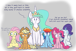 Size: 1280x853 | Tagged: safe, artist:heir-of-rick, applejack, fluttershy, pinkie pie, princess celestia, rainbow dash, rarity, alicorn, pony, all bottled up, celestial advice, g4, cute, cutelestia, discussion in the comments, drama, female, floppy ears, gray background, mare, simple background, sketch, starlight drama