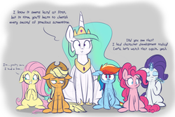 Size: 1280x853 | Tagged: safe, artist:heir-of-rick, applejack, fluttershy, pinkie pie, princess celestia, rainbow dash, rarity, alicorn, pony, all bottled up, celestial advice, g4, cute, cutelestia, discussion in the comments, drama, female, floppy ears, gray background, mare, remane five, simple background, sketch, starlight drama