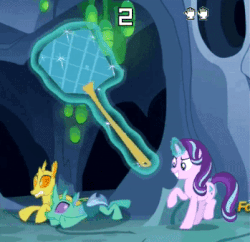 Size: 349x338 | Tagged: safe, edit, screencap, clypeus, soupling, starlight glimmer, changedling, celestial advice, g4, >:d, abuse, animated, disguise, disguised changeling, fake starlight glimmer, female, flyswatter, gif, gnat attack, magic, mario paint, meme, reference, screen shake, telekinesis, we are going to hell