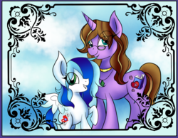 Size: 926x720 | Tagged: safe, artist:animechristy, oc, oc only, oc:lavender pages, oc:sapphire heart song, pegasus, pony, unicorn, bust, duo, female, filly, glasses, hair over one eye, looking at you, mare, mother and daughter, portrait, raised hoof