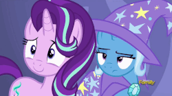 Size: 883x494 | Tagged: safe, screencap, starlight glimmer, trixie, pony, celestial advice, g4, animated, eyeroll, female, gif, laughing
