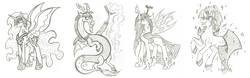 Size: 3523x1102 | Tagged: safe, artist:rossmaniteanzu, discord, king sombra, nightmare moon, queen chrysalis, alicorn, changeling, changeling queen, draconequus, pony, unicorn, g4, antagonist, ethereal mane, female, grayscale, group, magic, male, mare, monochrome, quartet, sharp teeth, simple background, smiling, spread wings, stallion, starry mane, teeth, traditional art, white background, wings