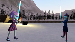 Size: 1024x576 | Tagged: safe, artist:horsesplease, gilda, principal abacus cinch, sunny flare, deer, goat, griffon, equestria girls, g4, 3d, background gilda, gmod, jedi, lightsaber, mountain, possible relation, practice, snow, star wars, sunny flare is principal cinch's daughter/relative, training, weapon