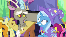 Size: 902x505 | Tagged: safe, screencap, carrot top, cherry berry, discord, golden harvest, goldengrape, sir colton vines iii, starlight glimmer, trixie, draconequus, earth pony, pony, unicorn, celestial advice, g4, season 7, animated, boop, butt, cape, cherry, clothes, diamond, discovery family, discovery family logo, duo focus, eye contact, female, food, frown, gif, grin, group, hat, heart, logo, looking at each other, looking at someone, loop, male, mare, octet, offscreen character, open mouth, open smile, plot, poking, raised hoof, smiling, stallion, talking, teeth, trixie is not amused, trixie's cape, trixie's hat, unamused