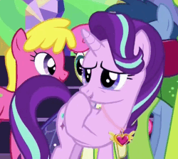 Size: 522x468 | Tagged: safe, screencap, blues, cherry berry, noteworthy, starlight glimmer, thorax, twinkleshine, changedling, changeling, earth pony, pony, unicorn, celestial advice, g4, animated, background pony, boop, cropped, cute, equestrian pink heart of courage, female, gif, jewelry, king thorax, laughing, lidded eyes, loop, male, mare, necklace, pendant, self-boop, smiling, solo focus, stallion