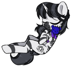 Size: 2136x1981 | Tagged: safe, artist:hawthornss, oc, oc only, oc:star cluster, pony, unicorn, zebra, zebracorn, eyes closed, female, plushie, sad, simple background, sleeping, solo, transparent background