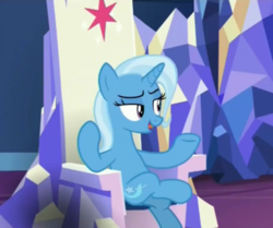 Size: 1725x1440 | Tagged: safe, screencap, trixie, pony, all bottled up, g4, cropped, crossed legs, cutie mark, element of magic, female, mare, sitting, solo, throne, throne room, twilight's castle