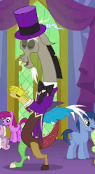 Size: 292x536 | Tagged: safe, screencap, berry punch, berryshine, blues, daisy, discord, flower wishes, noteworthy, sweetie belle, draconequus, earth pony, pony, celestial advice, g4, season 7, animated, bowtie, clapping, clothes, female, gif, hat, loop, male, mare, shirt, stallion, suit, tailcoat, top hat, vest