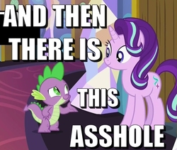 Size: 616x521 | Tagged: safe, edit, screencap, spike, starlight glimmer, dragon, celestial advice, g4, caption, meme, text