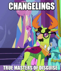 Size: 424x490 | Tagged: safe, edit, edited screencap, screencap, blues, cornicle, daisy, flower wishes, noteworthy, thorax, changedling, changeling, celestial advice, g4, caption, discovery family logo, equestrian pink heart of courage, gif, glasses, groucho marx, groucho mask, image macro, king thorax, male, meme, non-animated gif, paper-thin disguise, solo, stallion, the thoraxguise