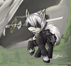 Size: 3308x3056 | Tagged: safe, artist:duop-qoub, android, earth pony, gynoid, pony, 2b, blindfold, chest fluff, clothes, dress, ear fluff, female, frown, gritted teeth, high res, magic, magic circle, mare, nier, nier: automata, ponified, raised hoof, socks, solo, sword, weapon