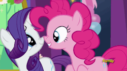 Size: 902x505 | Tagged: safe, screencap, pinkie pie, rarity, pony, celestial advice, g4, animated, boop, female, gif, loop, nose wrinkle, noseboop, talking