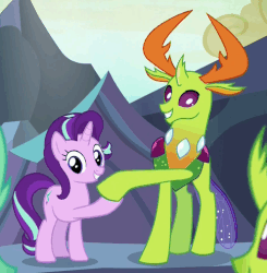 Size: 496x507 | Tagged: safe, screencap, starlight glimmer, thorax, changedling, changeling, pony, celestial advice, g4, animated, cropped, gif, hoofshake, king thorax, loop