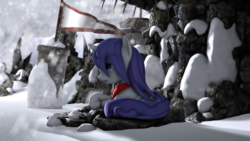 Size: 2560x1440 | Tagged: safe, artist:redaceofspades, rarity, pony, g4, 3d, abandoned, building, clothes, crying, female, flag, mountain, poster, sad, scarf, snow, solo, source filmmaker