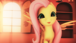 Size: 3840x2160 | Tagged: safe, artist:melodycloud14, fluttershy, pony, g4, 3d, bookshelf, cute, female, high res, looking at you, poster, shyabetes, silly, silly pony, solo, source filmmaker, tongue out, window