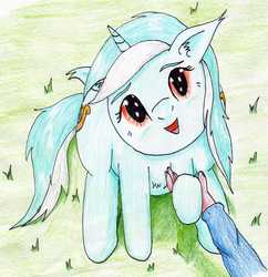 Size: 1929x1993 | Tagged: safe, artist:40kponyguy, derpibooru exclusive, lyra heartstrings, pony, unicorn, g4, ear fluff, floppy ears, hand, hoof hold, looking at you, looking up, open mouth, traditional art