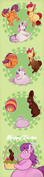 Size: 1000x4000 | Tagged: safe, artist:secretgoombaman12345, apple bloom, diamond tiara, scootaloo, sweetie belle, bird, earth pony, food pony, original species, pony, rabbit, ask chubby diamond, g4, animal, basket, chocolate, chocolate bunny, chubbie belle, chubby, chubby bloom, cutie mark crusaders, easter, easter basket, easter egg, egg, fat, food, food transformation, inanimate tf, obese, patterned background, peeps, sweetie belle is a marshmallow too, transformation, transformation sequence