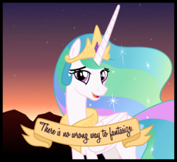 Size: 864x791 | Tagged: safe, artist:cheezedoodle96, princess celestia, alicorn, pony, celestial advice, g4, .svg available, dawn, female, looking at you, mare, mountain, mountain range, old banner, positive ponies, quote, solo, stars, svg, text, there is no wrong way to fantasize, vector