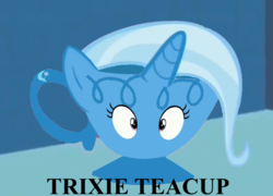 Size: 565x407 | Tagged: safe, artist:wisdomvision f., trixie, all bottled up, g4, blue, cup, cute, i have no mouth and i must scream, inanimate tf, irony, objectification, teacup, teacupified, that pony sure does love teacups, transformation, trixie teacup