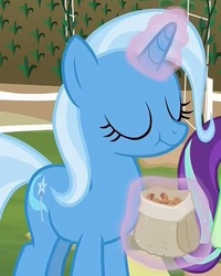 Size: 526x657 | Tagged: safe, screencap, starlight glimmer, trixie, pony, all bottled up, g4, cinnamon nuts, eating, food, magic, telekinesis