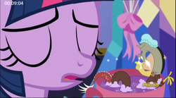 Size: 1071x597 | Tagged: safe, screencap, discord, twilight sparkle, alicorn, pony, celestial advice, g4, bathing, cup, eyes closed, hat, micro, shower cap, shrunk, soap, teacup, twilight sparkle (alicorn)