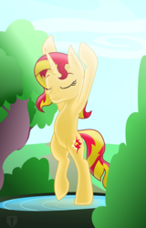 Size: 3000x4676 | Tagged: safe, artist:theshadowstone, sunset shimmer, pony, unicorn, g4, bipedal, female, high res, mare, meditating, sky, tree, water