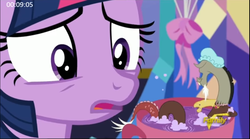 Size: 1071x597 | Tagged: safe, screencap, discord, twilight sparkle, alicorn, pony, celestial advice, g4, bathing, cup, equestrian pink heart of courage, hat, micro, shower cap, shrunk, teacup, twilight sparkle (alicorn)