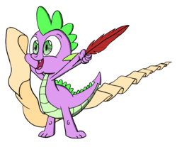 Size: 4172x3457 | Tagged: safe, artist:ravio-li, spike, dragon, g4, high res, list, male, open mouth, paper, quill, simple background, smiling, solo, transparent background